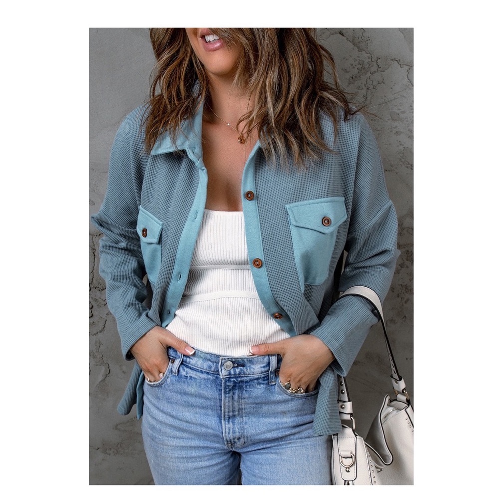Sky Blue Waffle-Knit Shacket with Pockets - Picture 3 of 4